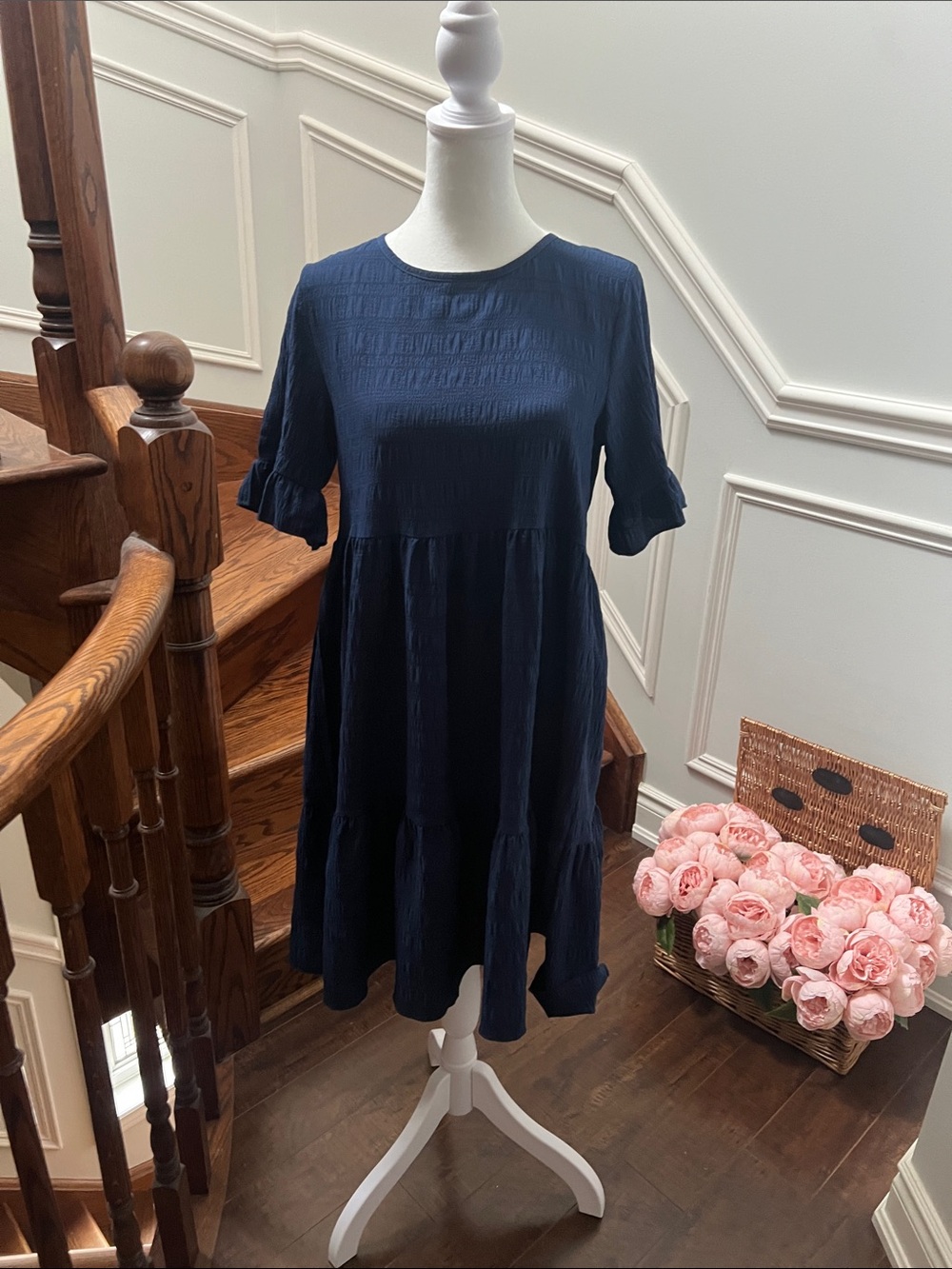 Navy Tiered Ruffle Sleeve Dress